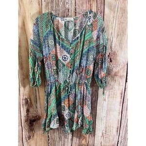 THE IMPECCABLE PIG Women Green Print Tie Sleeve Drawstring Waist Dress Sz Large